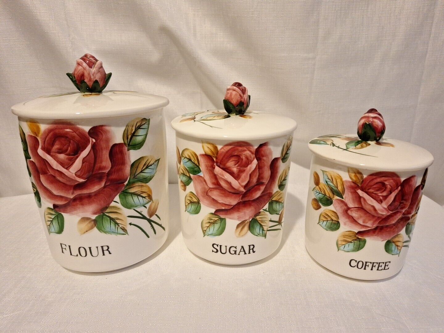 Lefton Americana Rose  946 Ceramic Canisters Flour Sugar Coffee Used