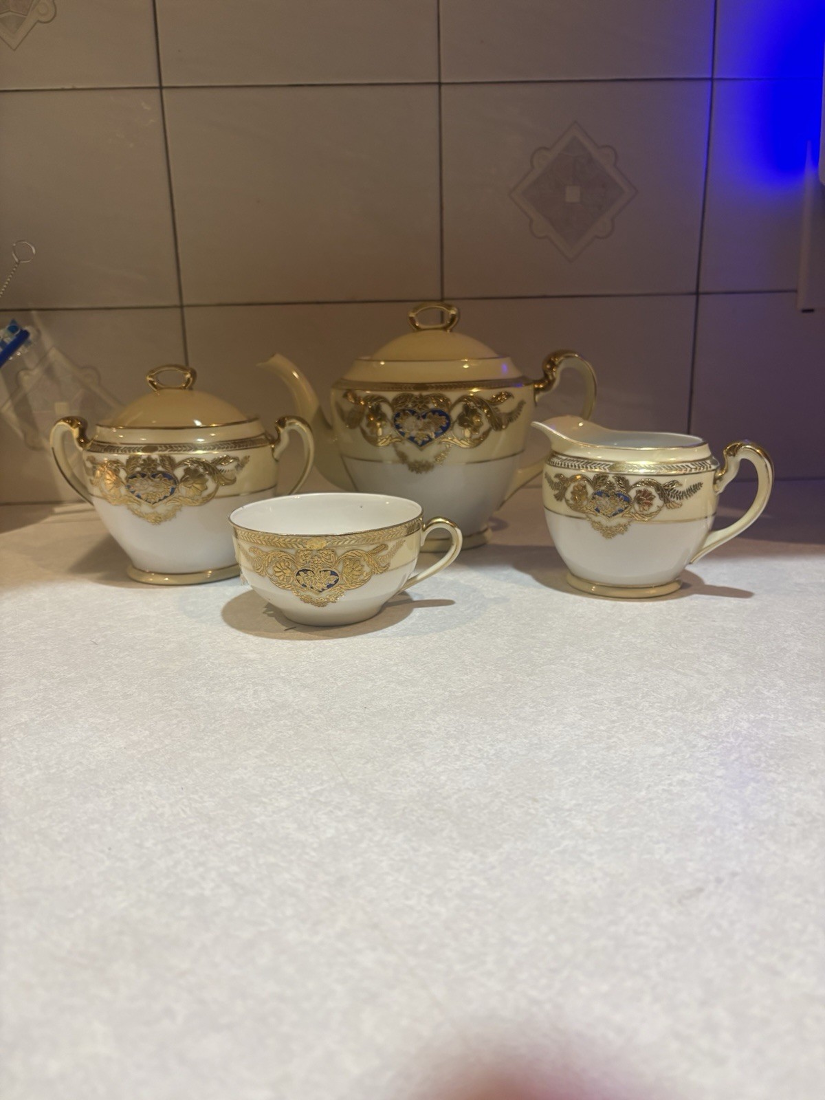 Vintage Noritake Tea Set Teapot Sugar Creamer Cup Blue Heart Raised Gold Japan