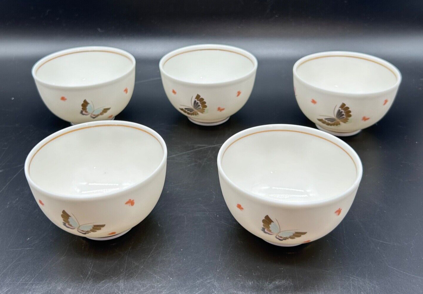 Japanese Tea Rice Cup Butterfly Gold Trim Porcelain EUC Set 5