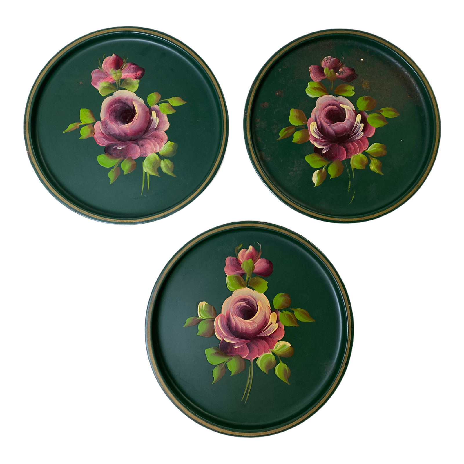 3X VTG Metal Tin Floral Toleware Serving Trays E.T. Nash Co Hand Painted Green