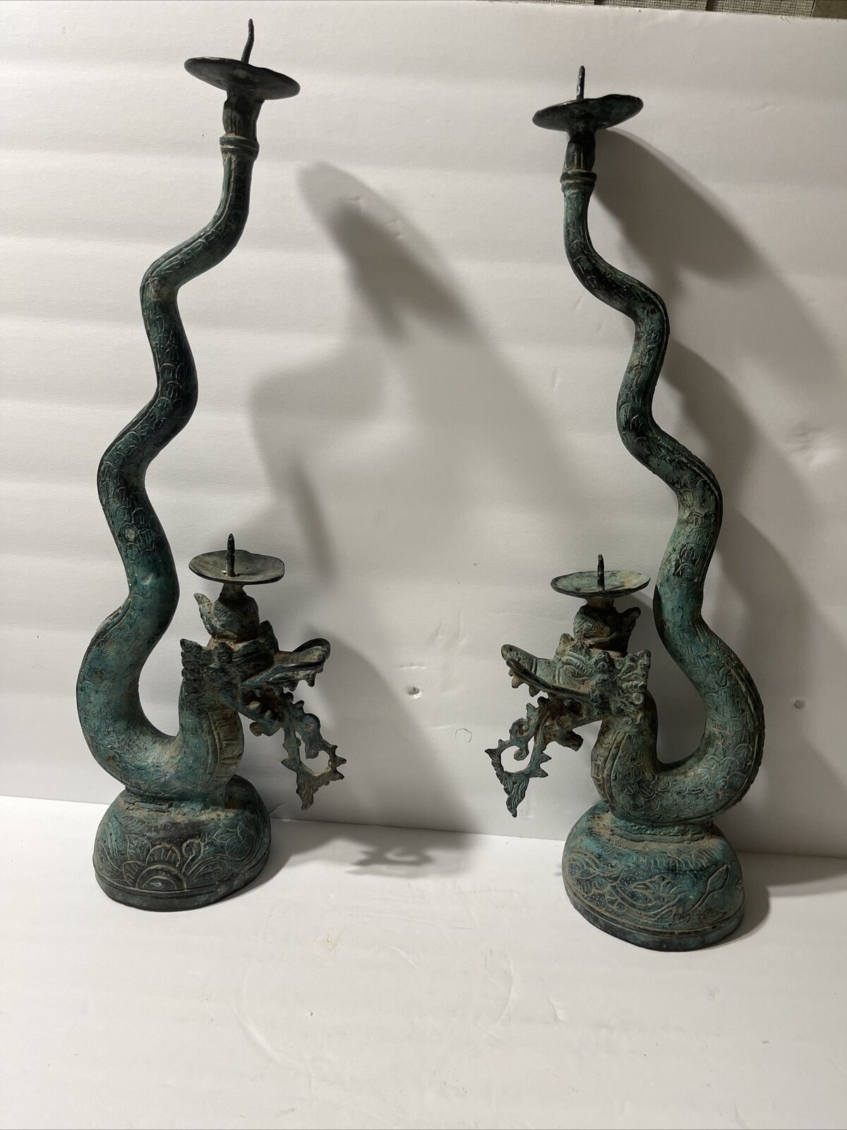 Antique Pair Naga Dragon Statues candlesticks holder Candelabra Bronze 18” Tall