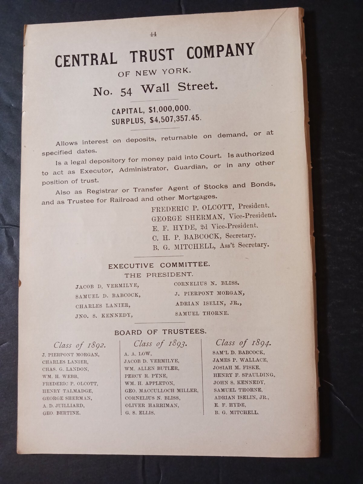 1891 print ad CENTRAL TRUST COMPANY 54 Wall St NYC Frederic Olcott  E.F. Hyde