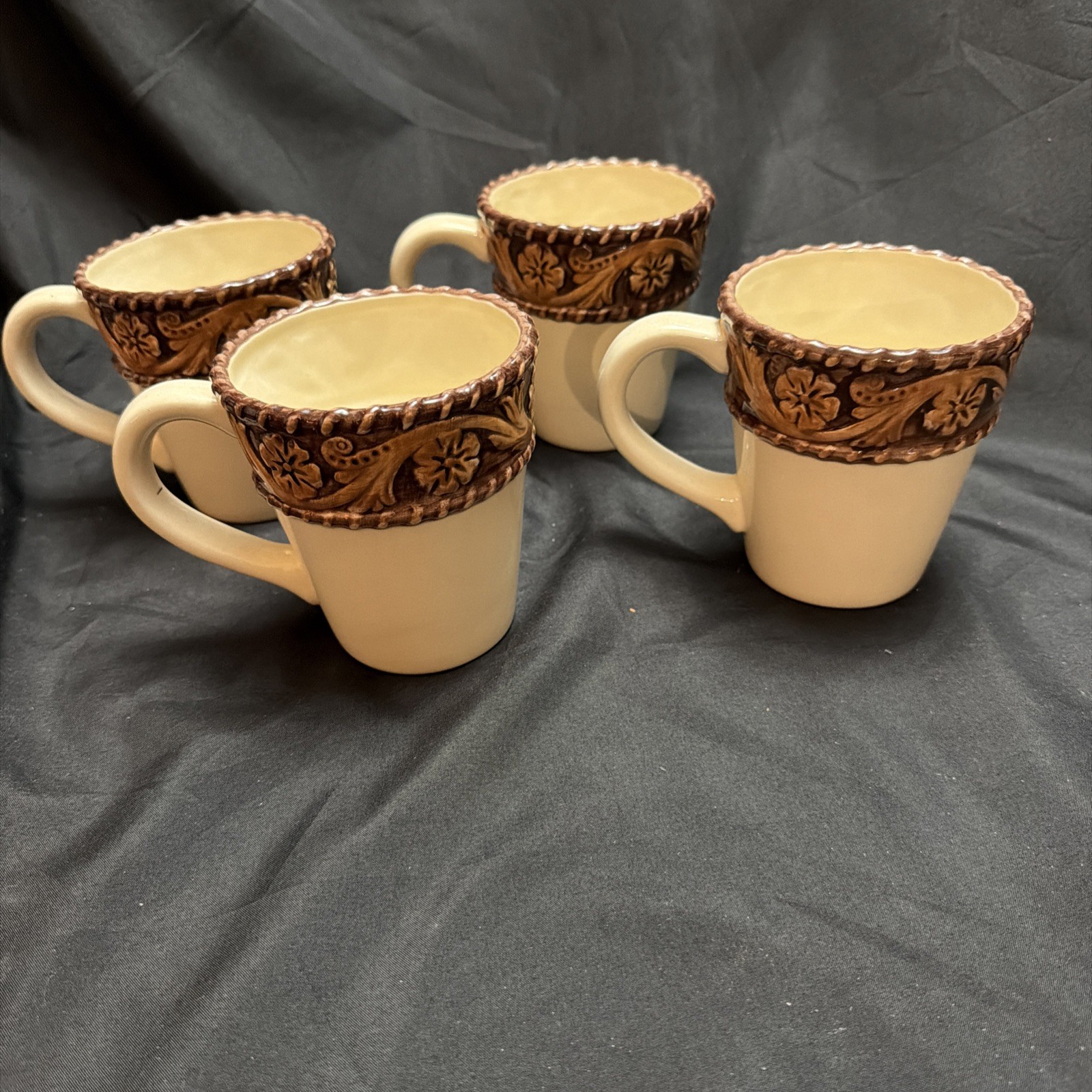 Set of 4 Montana Silversmiths Lifestyles Tooled Leather Coffee Mugs