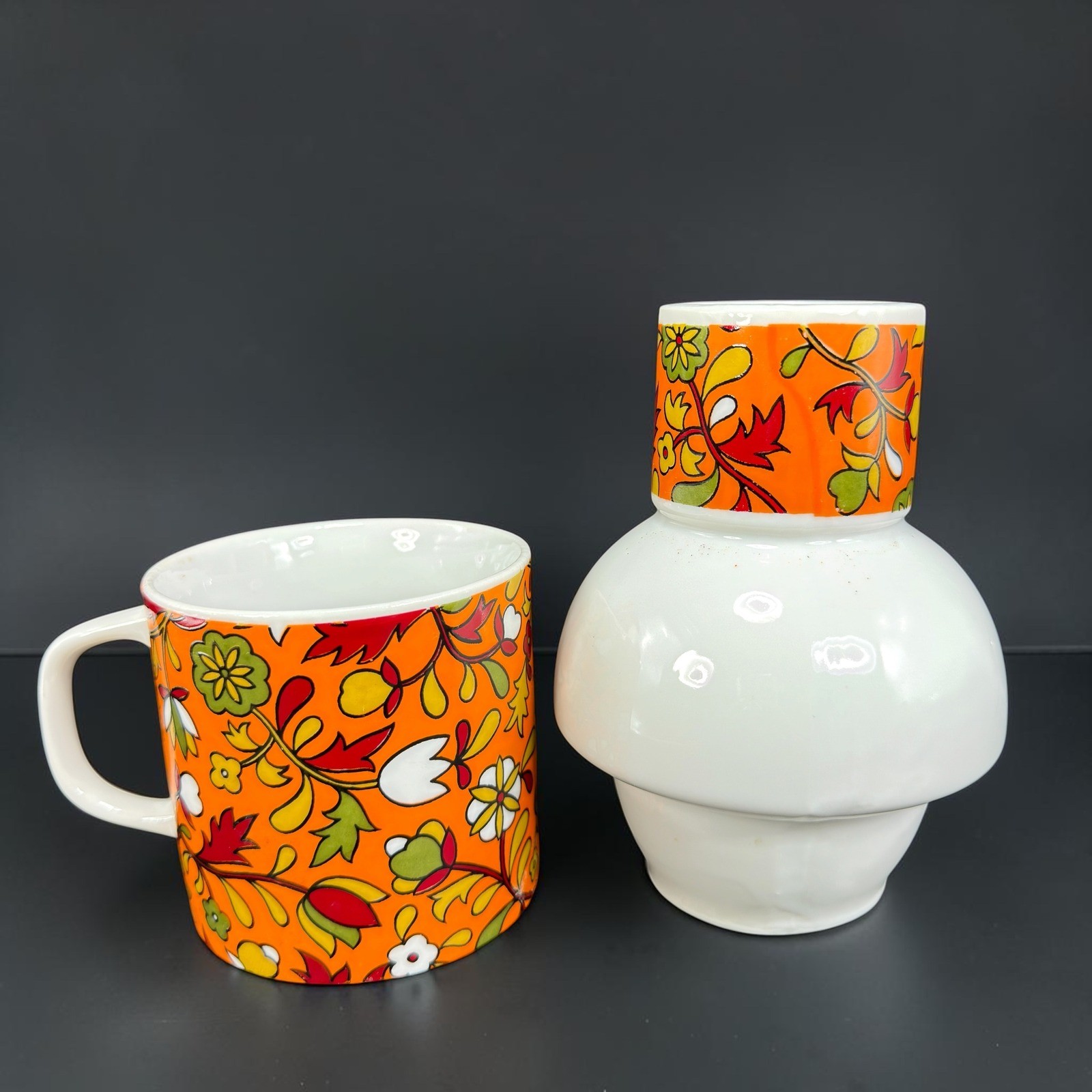 Vintage 1968 Holt Howard 8050 Mug and Vessel Set Orange Psychedelic Floral MCM