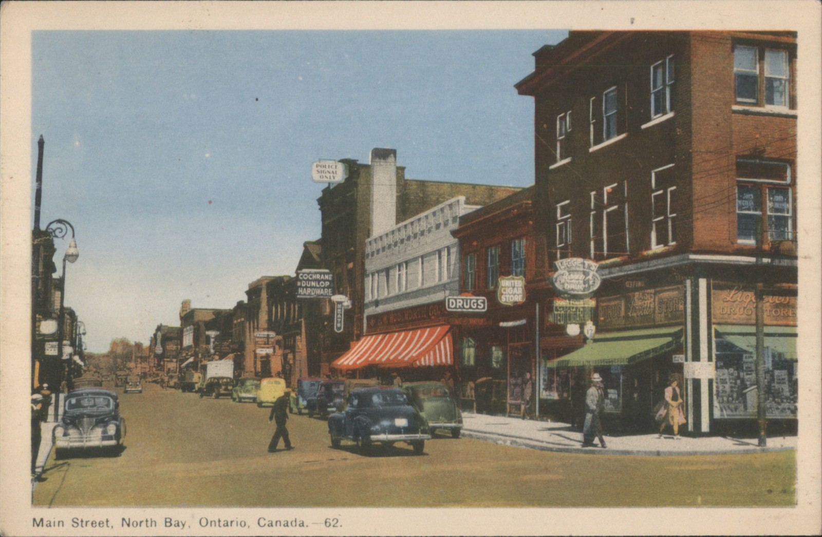North Bay, Canada Main Street with Cars & Storefronts, Ontario Original Vintage