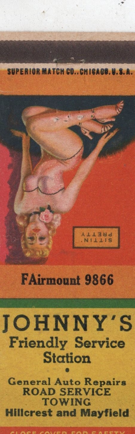 Vintage Matchcover Johnny's Friendly Service Station Pinup