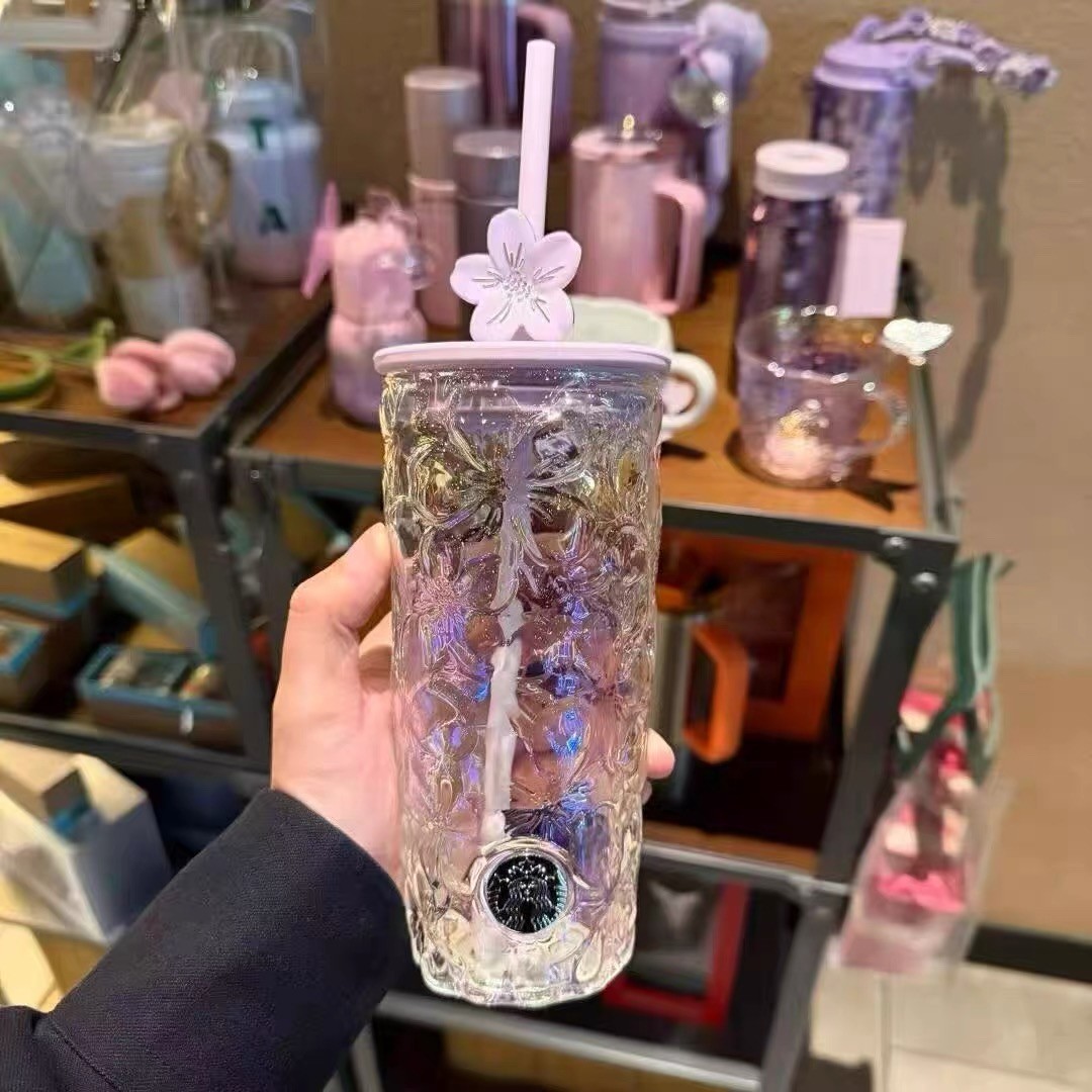 Starbucks 2026 New China Twilight Sakura Embossed Glass Tumbler Straw Cups Gifts