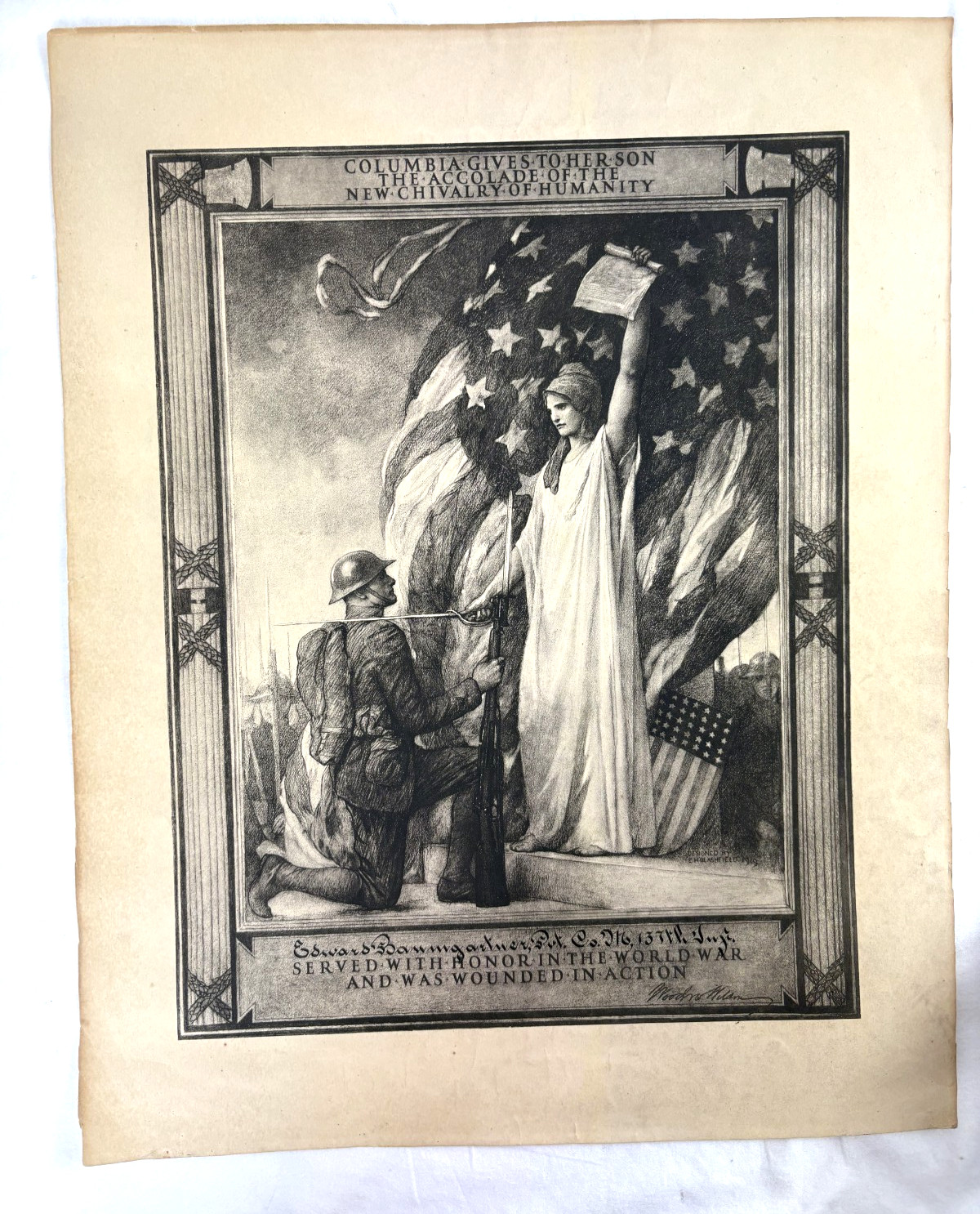 Original 1919 WWI Wounded In Action Certificate Framed Columbia Gives to Her Son