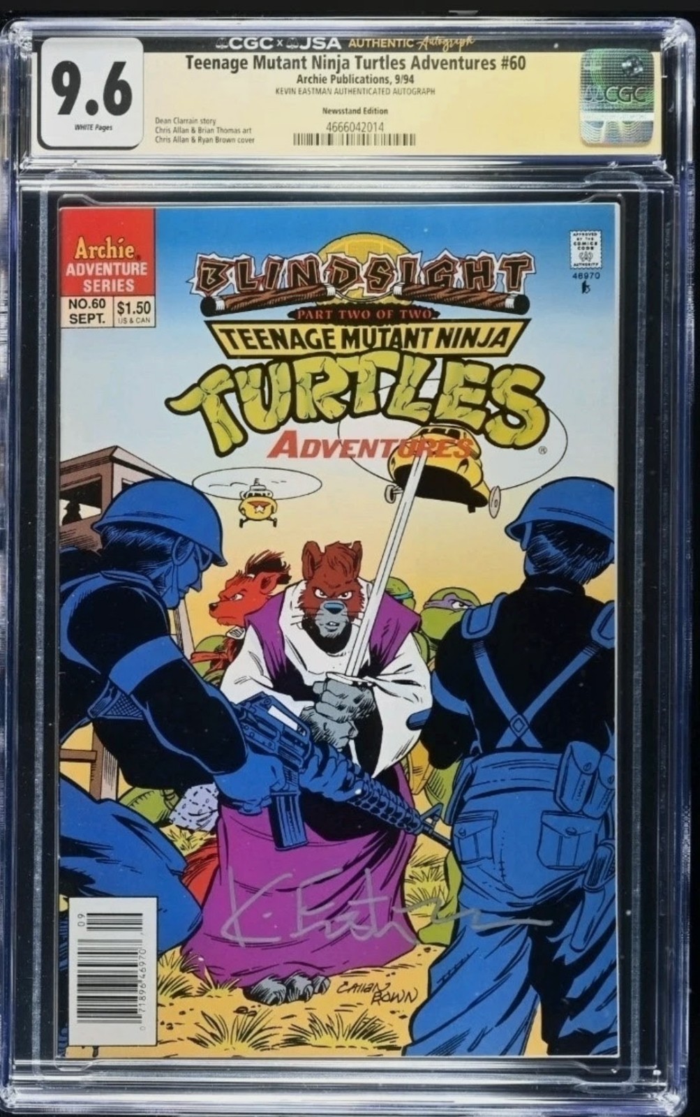 TEENAGE MUTANT NINJA TURTLES ADVENTURES 60 CGC 9.6 JSA Signed by Kevin Eastman 