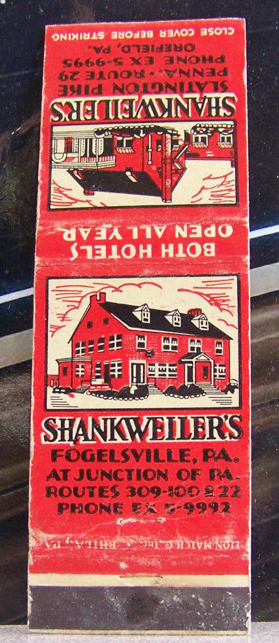   Rare Vintage Matchbook Cover B2 Fogelsville Pennsylvania Shankweiler's Hotel