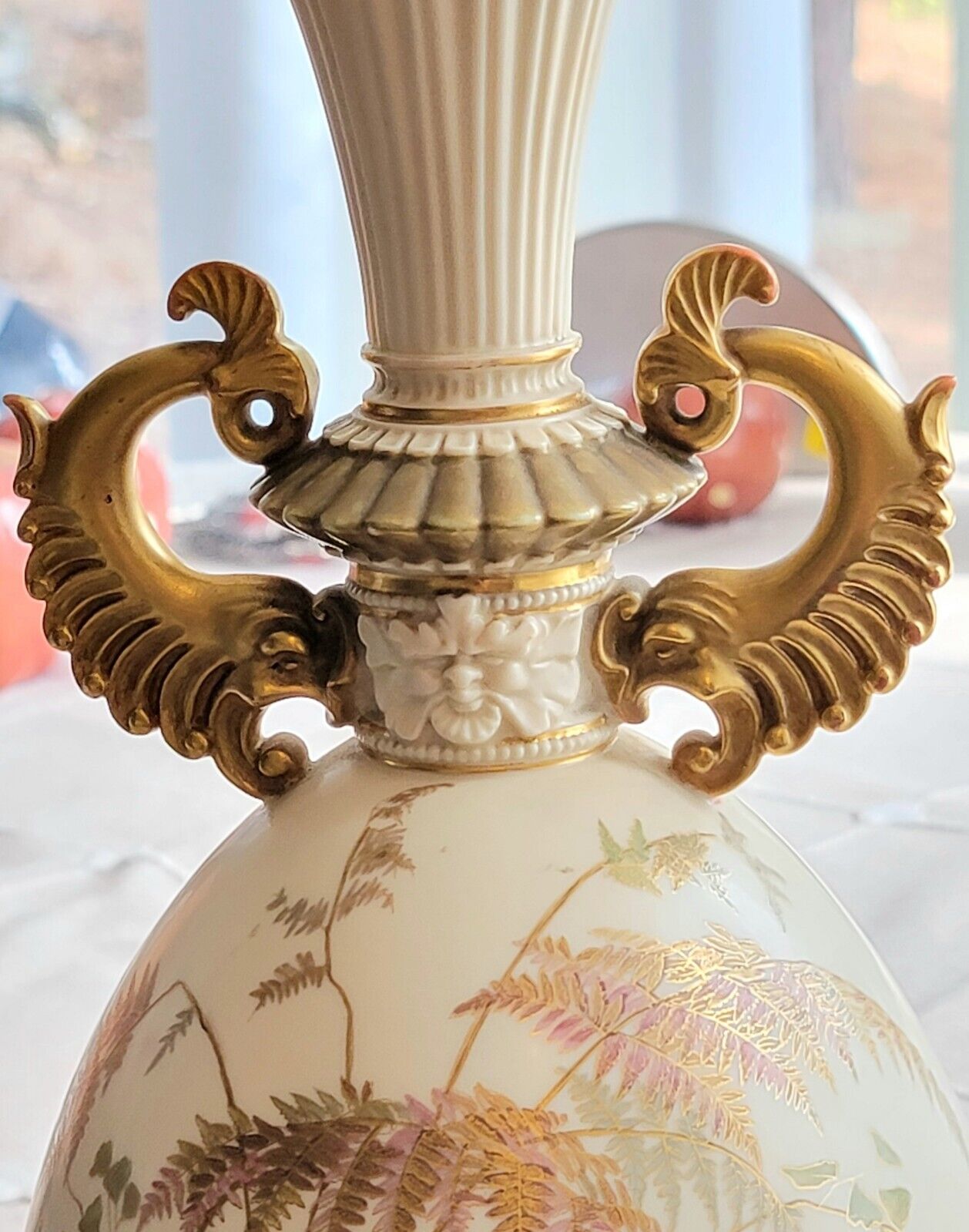 1889 RARE Royal Worcester Bisque Vase, Dolphin Handles, Japanese Masks Pink Gold