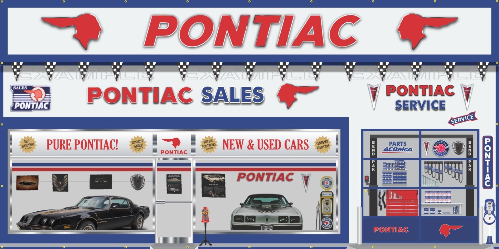 PONTIAC DEALER DEALERSHIP SALES SERVICE SCENE WALL MURAL SIGN BANNER GARAGE ART