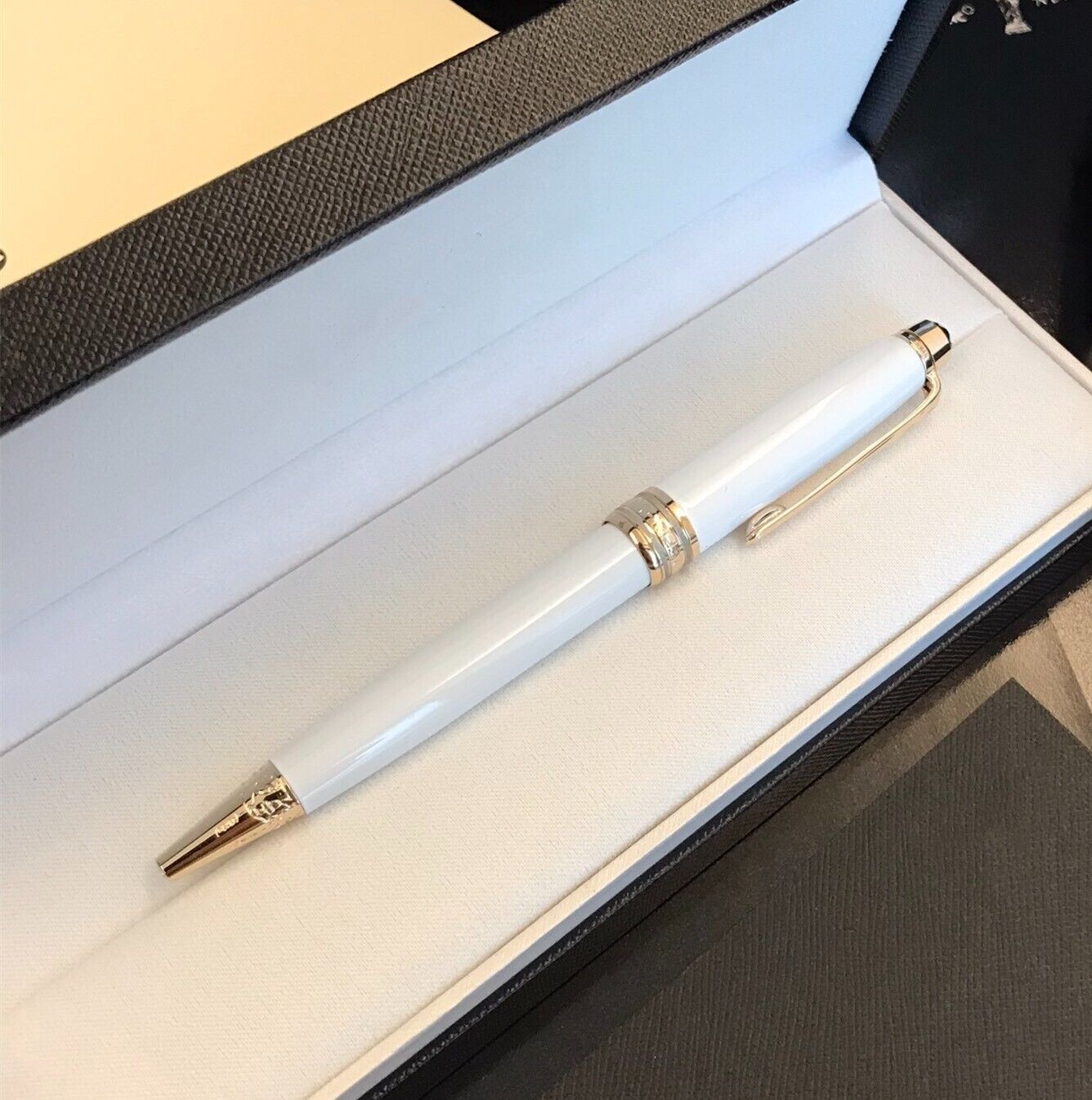 Luxury Solitaire Series White + Gold Clip 0.7mm nib Ballpoint Pen