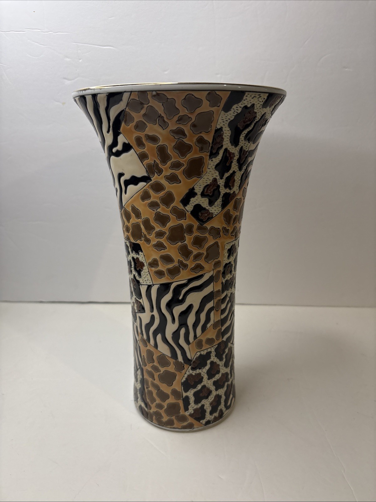 Vintage Safari 11.5” Ceramic Vase Flared Animal Print Collage / Jena Hall