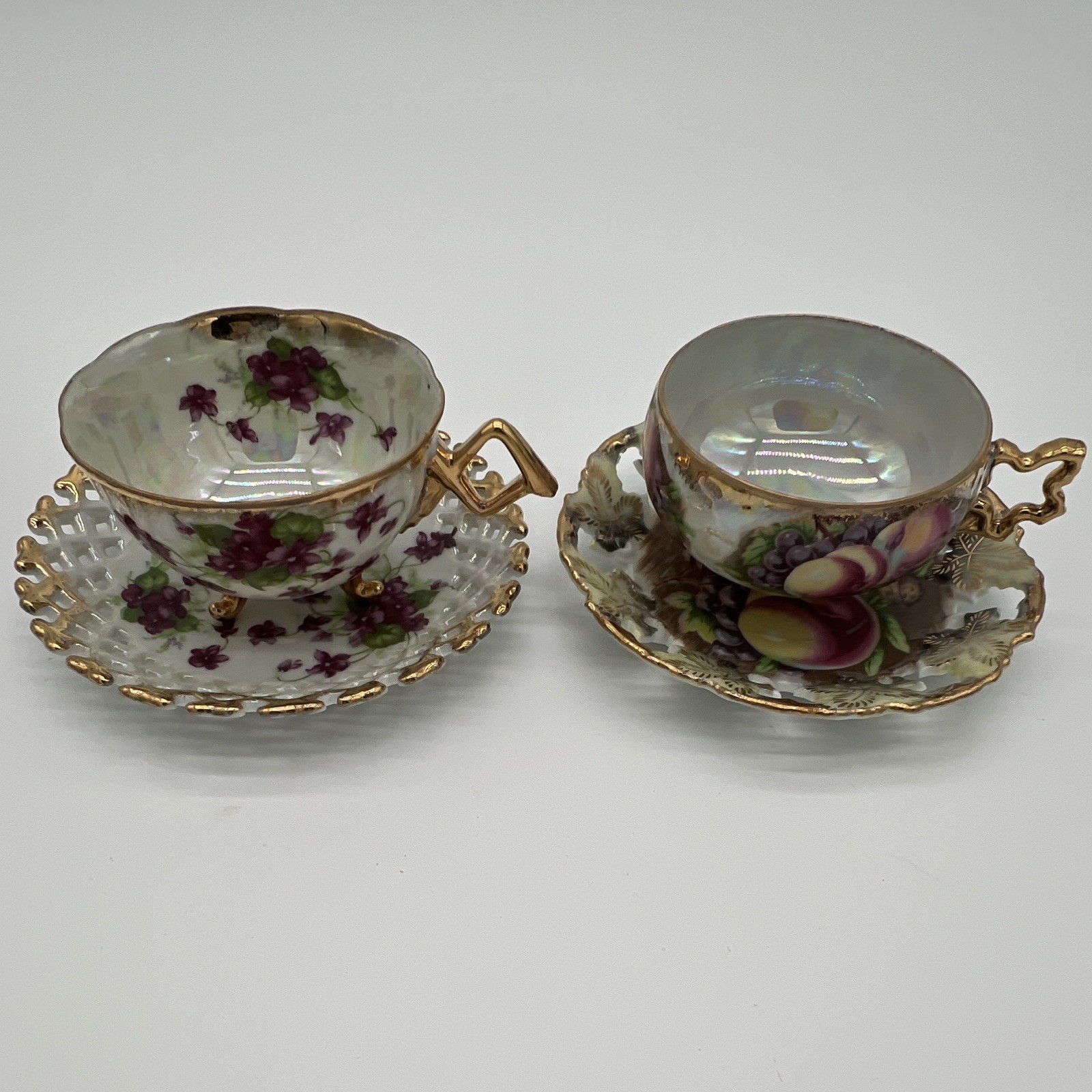 VTG Royal Sealy Japan Iridescent Lusterware Teacup Saucer  & Reticulated  Violet