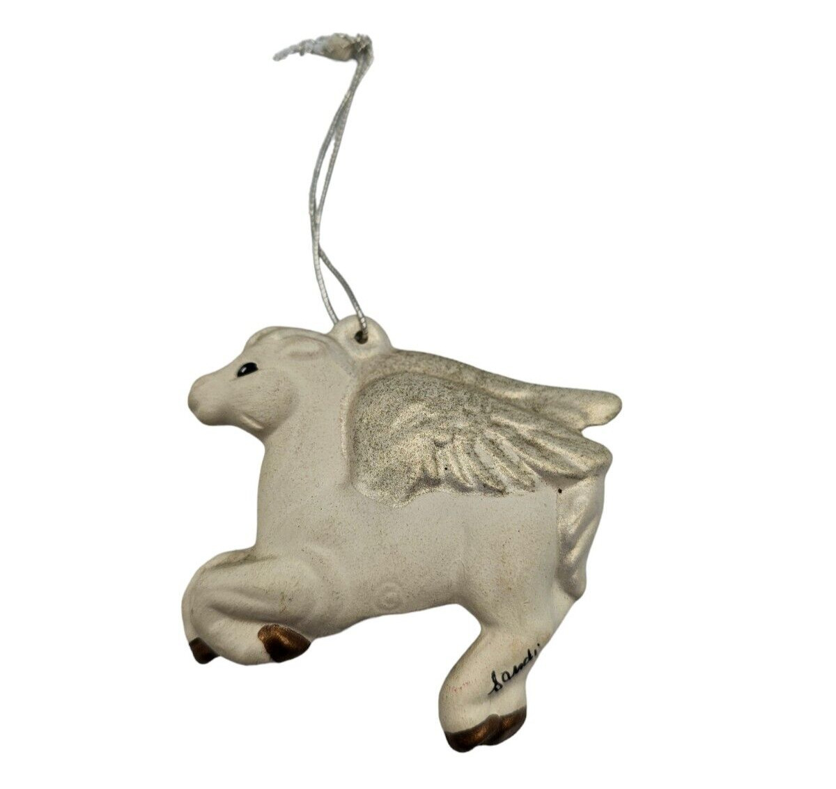 Vintage 1980s Hand Painted Unicorn Christmas Ornament Ceramic Ivory and Silver