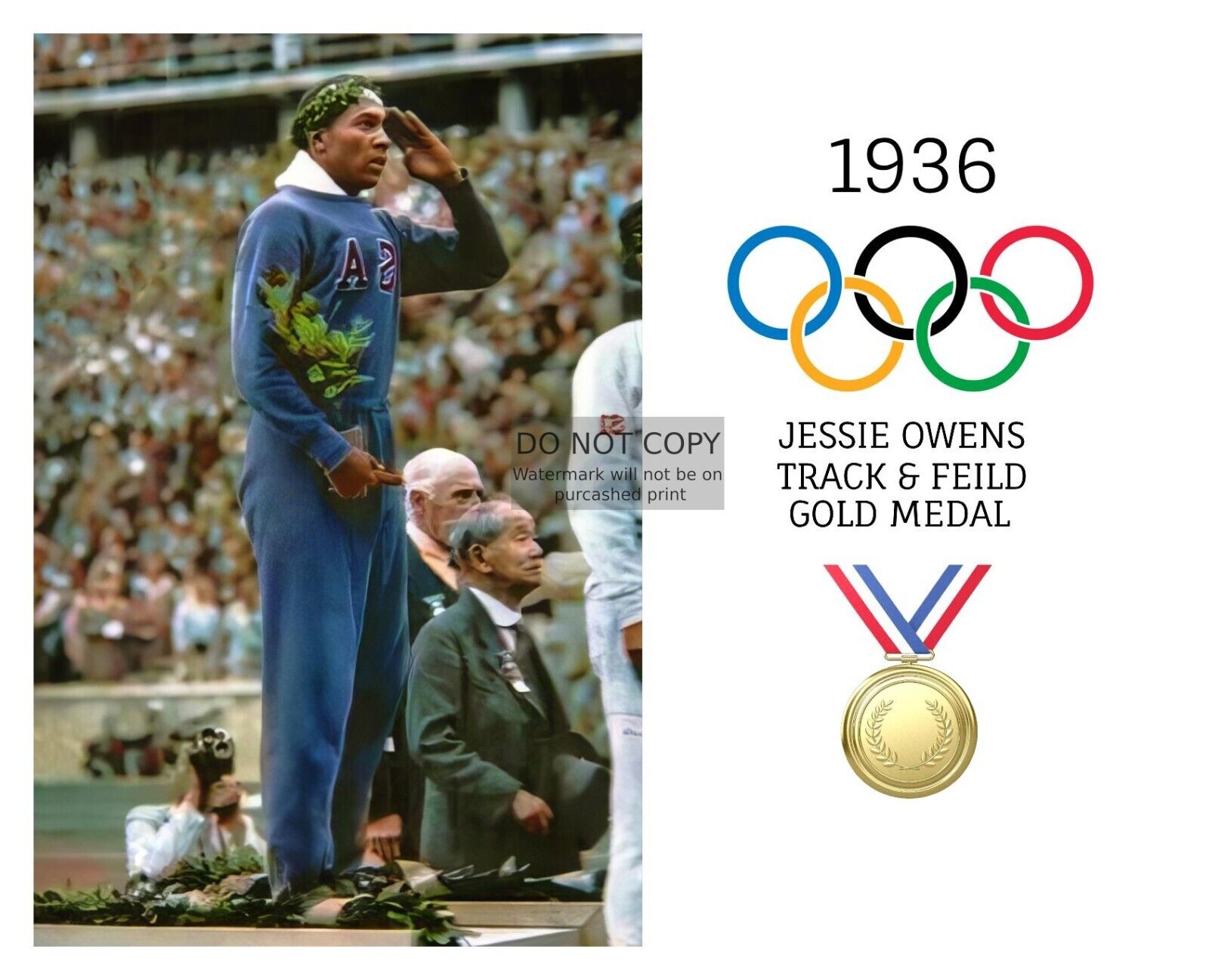 JESSIE OWENS STANDING ON PODIUM AT 1936 OLYMPICS BERLIN GERMANY 8X10 COLOR PHOTO