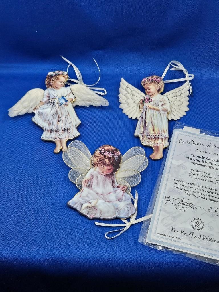 First Set Bradford Editions 3 Heaven's Little Angels Ornaments Porcelain Gold