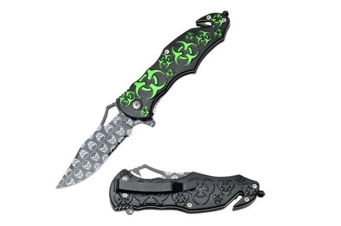 MTech USA Biohazard Green Skulls Rescue Spring Assist Pocket Knife 8\ MTech USA Biohazard Green Skulls Rescue Spring Assist Pocket Knife 8\