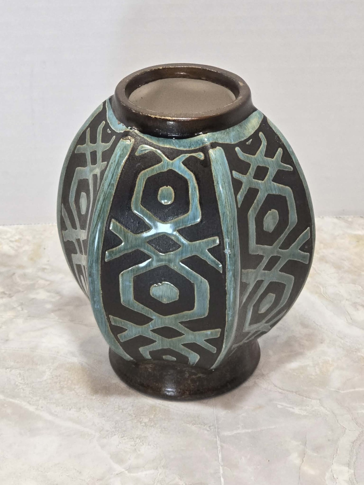 Hobby Lobby Geometric Vase EUC Boho Tribal Teal Brown Home Decor 🏺
