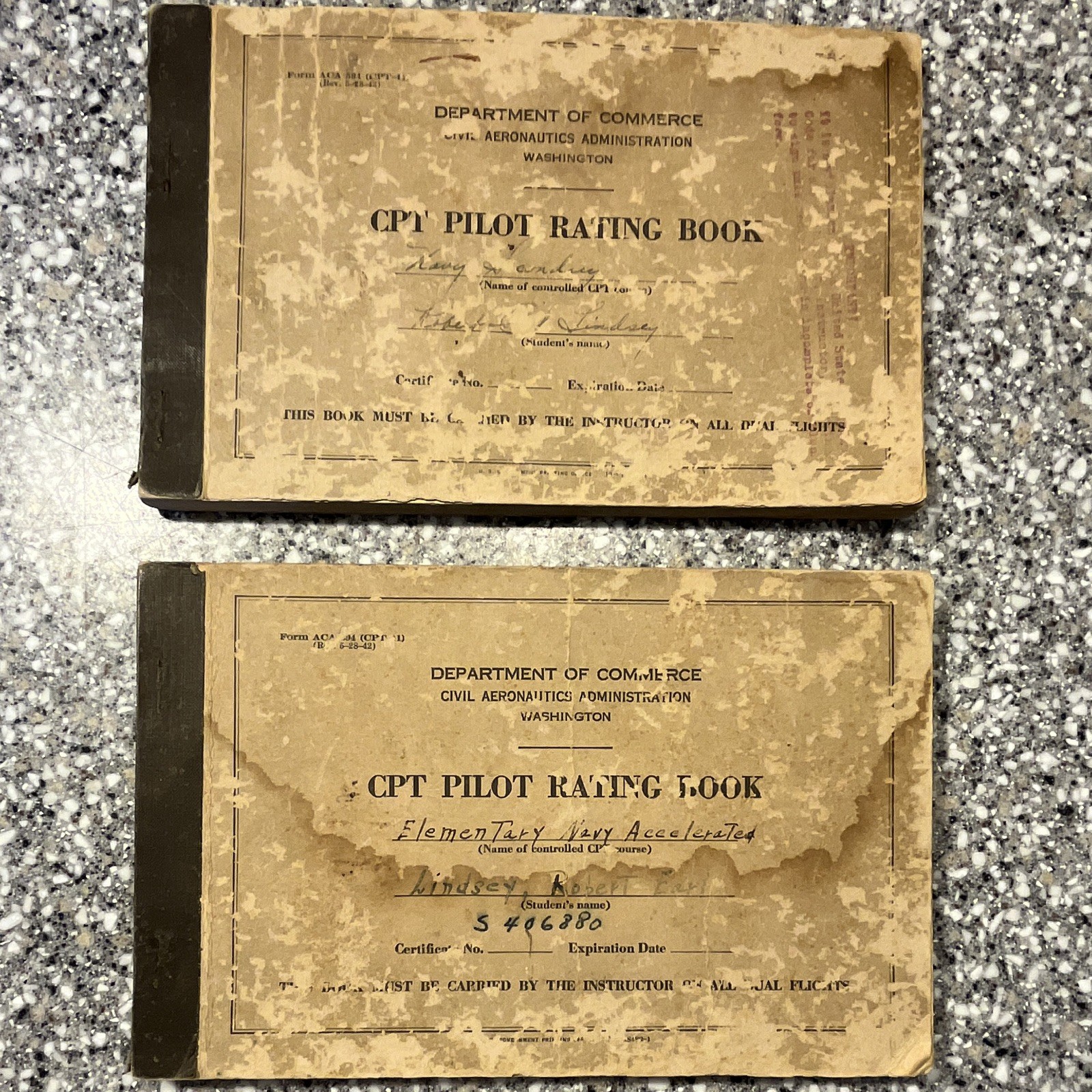 WWII US Dept of Commerce Civil Aeronautics CPT Pilot Rating Book Documents