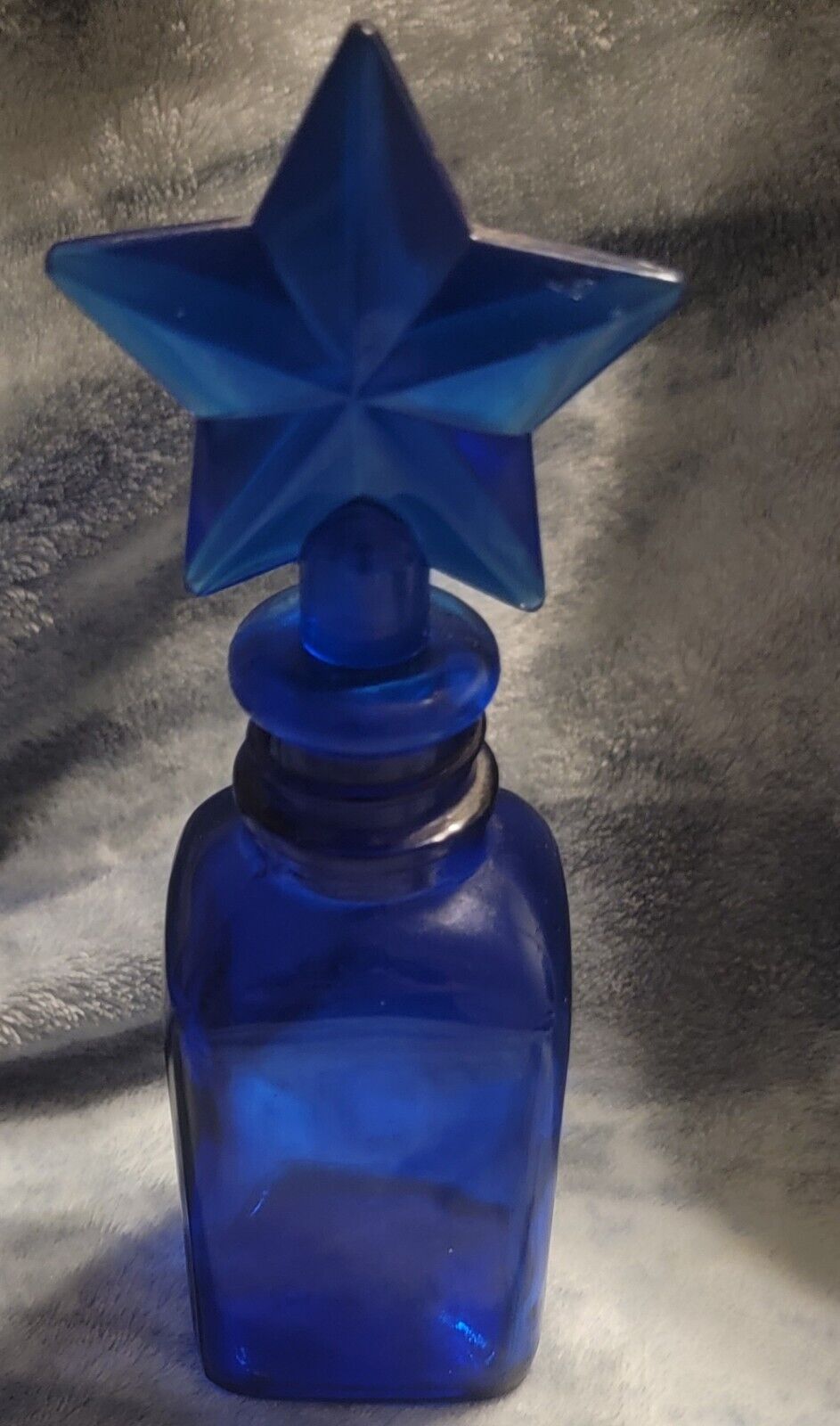 Vintage Cobalt Blue Frosted Perfume Bottle Star Topper Rare 5” Tall