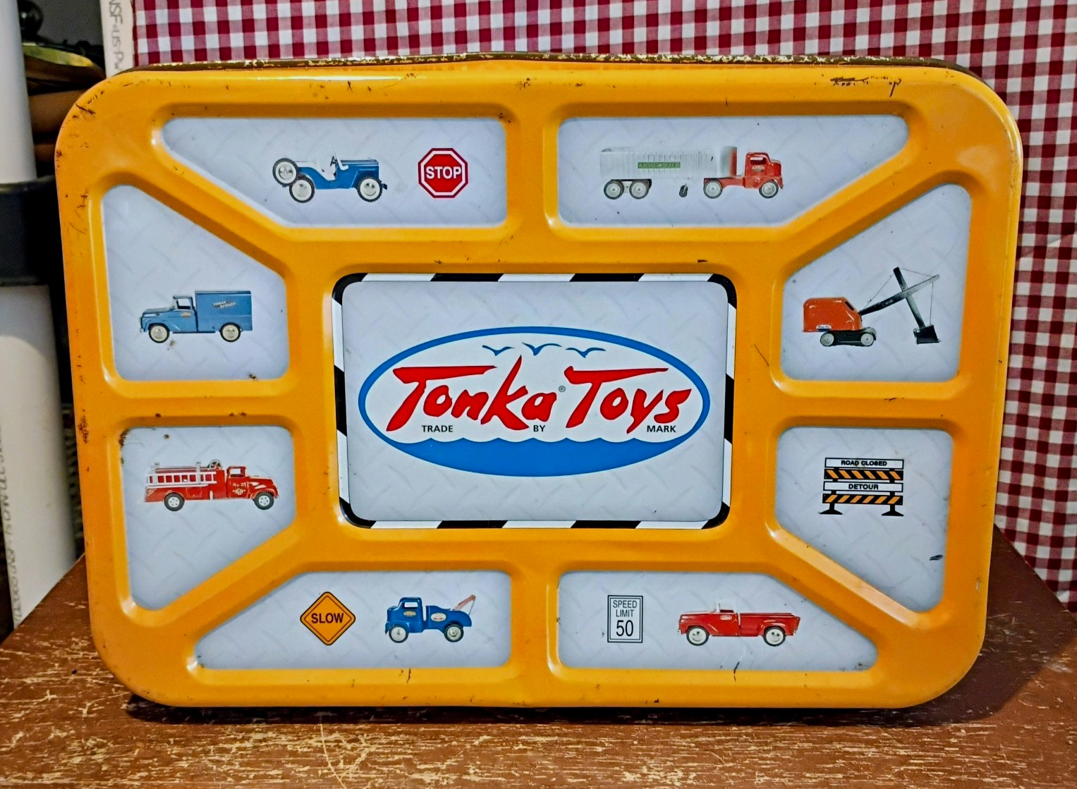 Vintage 1998 Tonka Toys Yellow Metal Storage Popcorn Tin Box Hasbro