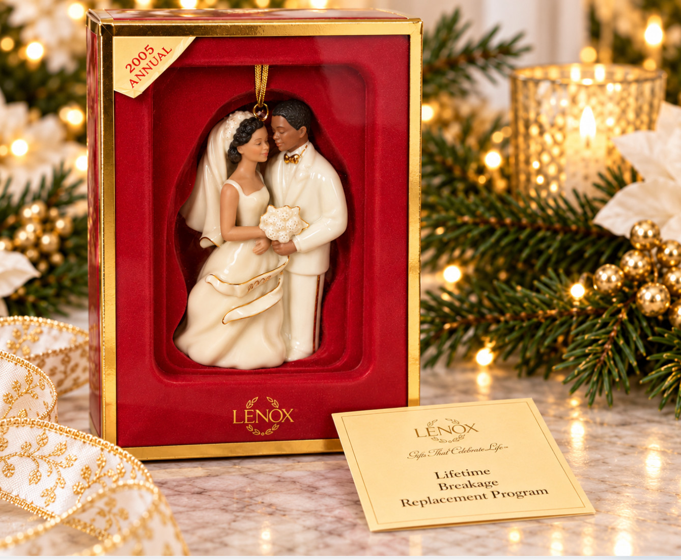 2005 Lenox Bride Groom Wedding Ornament African American Porcelain Gold w Box