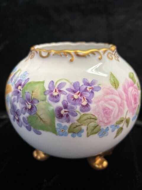 VTG Porcelain HandPainted Rose Pink/Gold/Floral Footed Rose Bowl - Signed