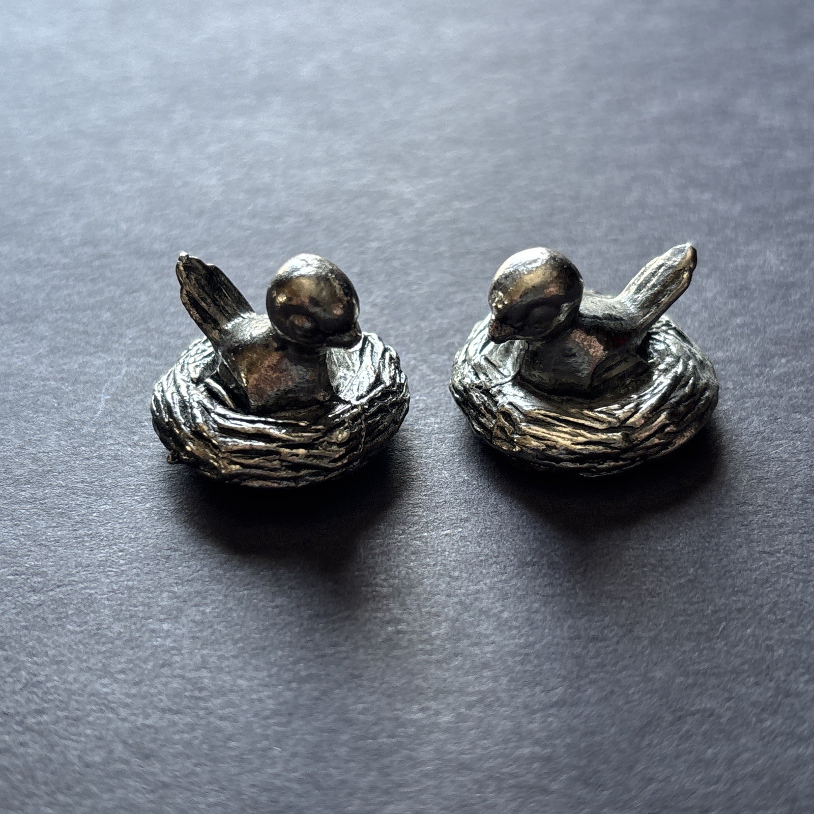Pewter/metal  Bird in Nest Miniature Collectible Figurine Spoontiques set