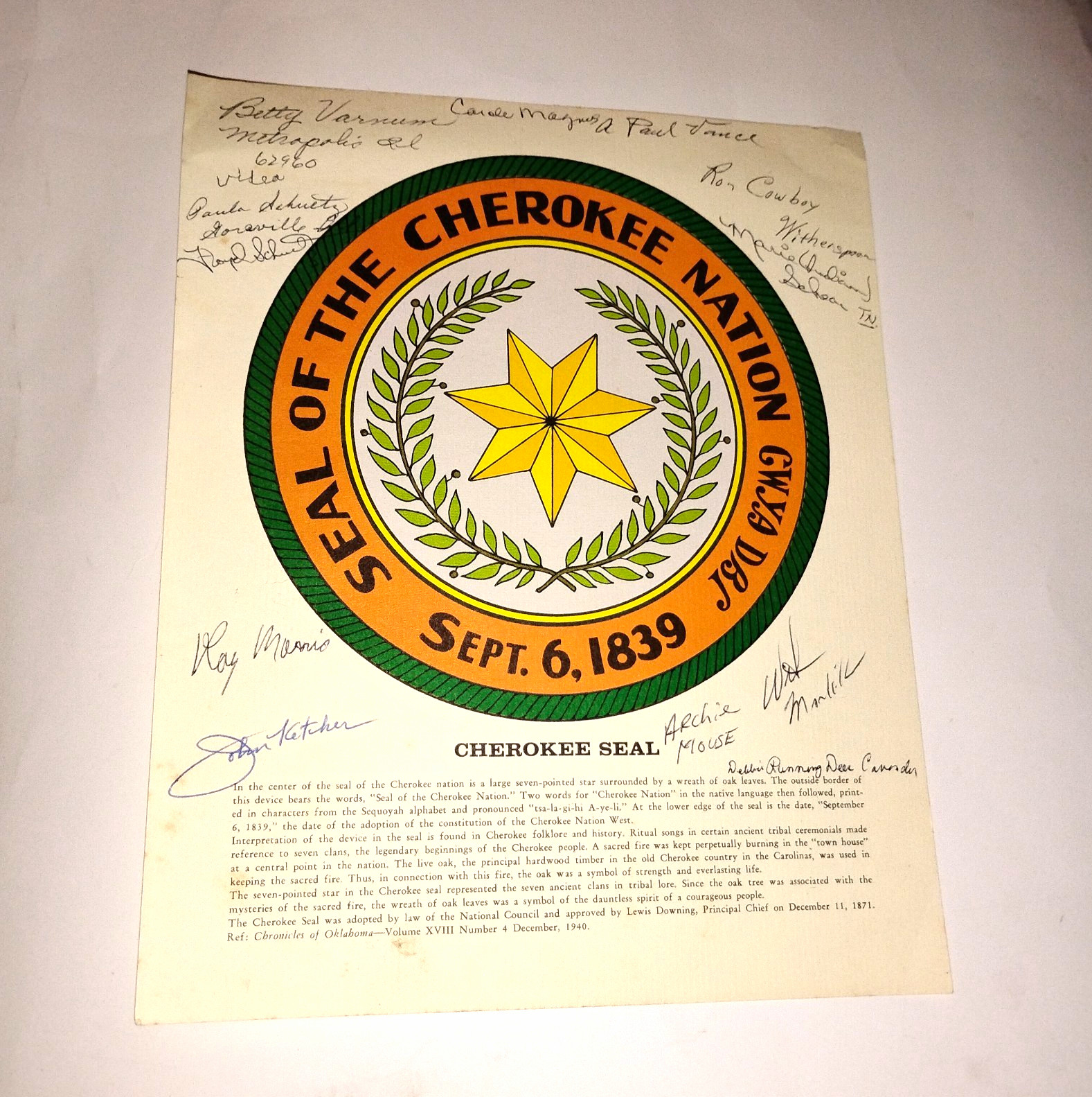 Vintage Cherokee Nation Seal Print Signed Wilma Mankiller John Ketcher Autograph