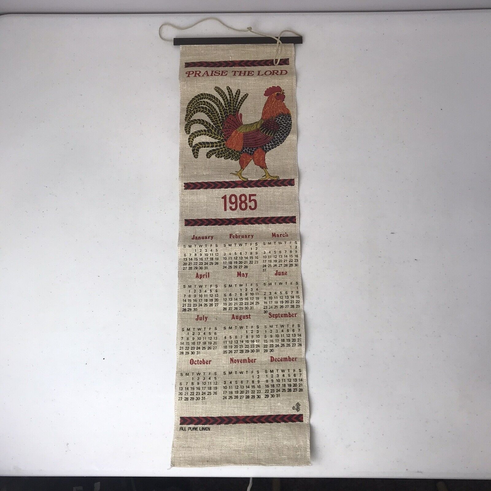 Vintage 1985 Rooster Linen Calendar “Praise The Lord” Vintage 1985 Rooster Linen Calendar “Praise The Lord”