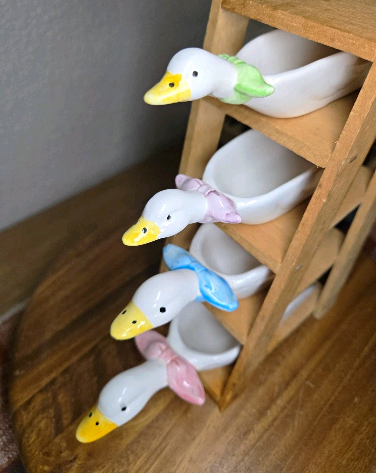 Vintage 1980s JSNY Ceramic Goose Nesting Measuring Scoops Set w Ladder Wall Rack