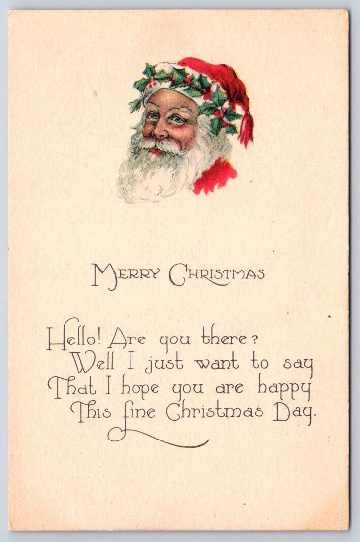 Antique Santa Claus holly wreath portrait Christmas verse 1921