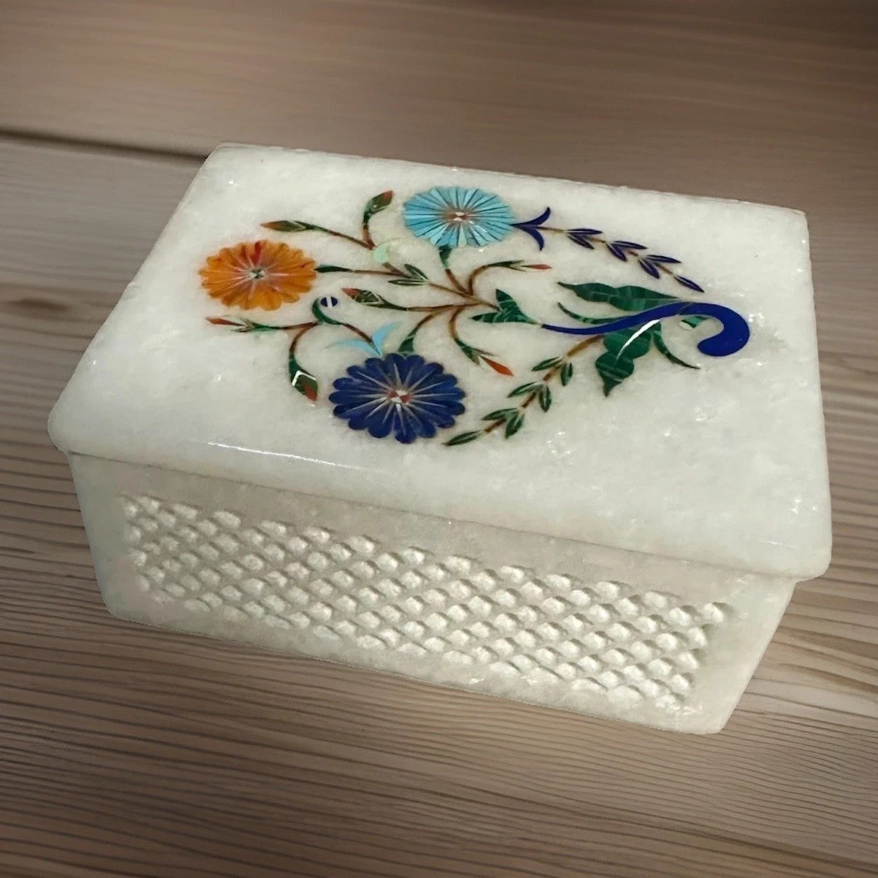 Vintage Indian White Marble Inlay Jewelry Box Pietra Dura Jaali Carved Lattice