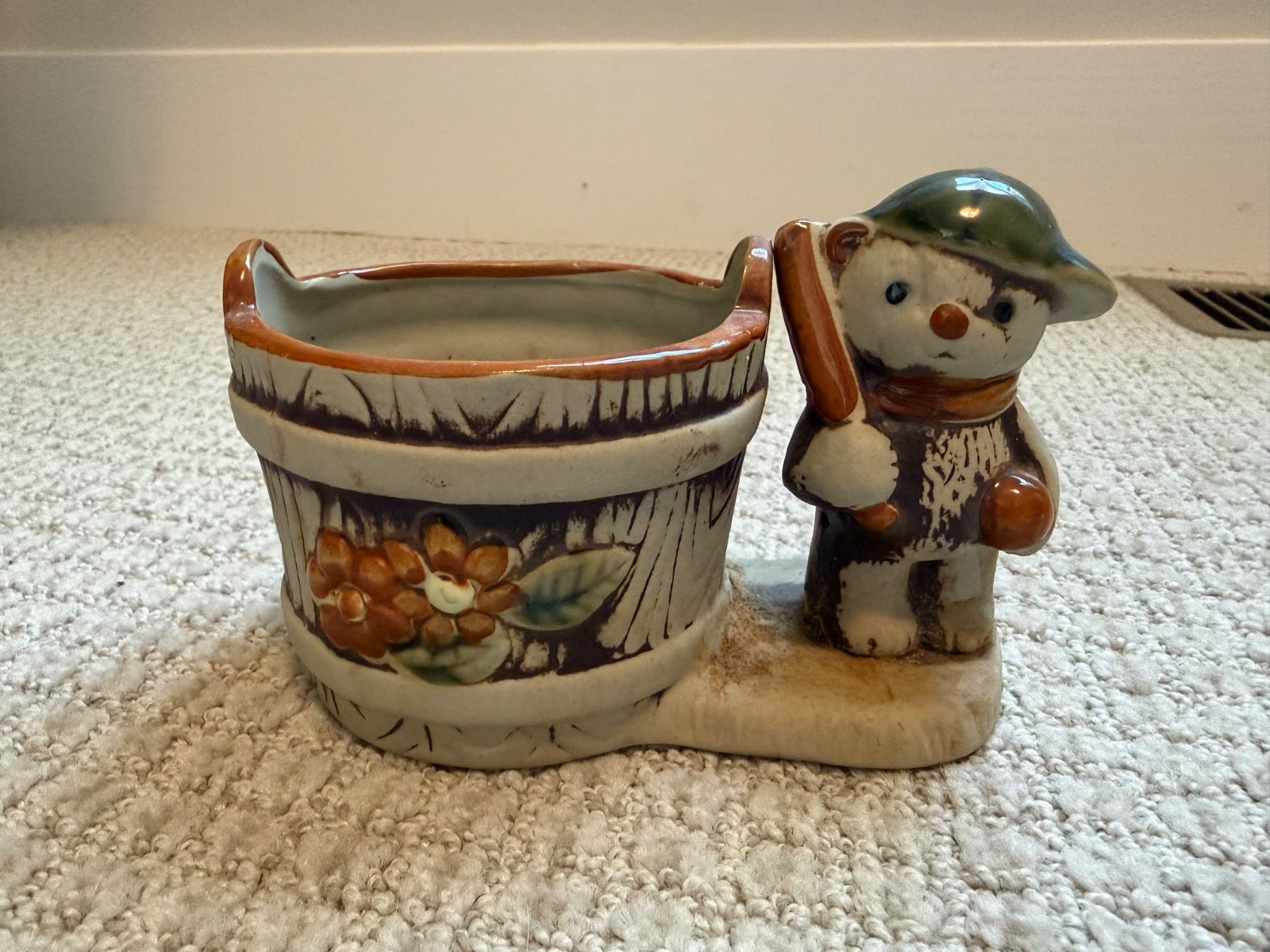 Vintage Ceramic Planter Teddy Bear with Baseball Bat