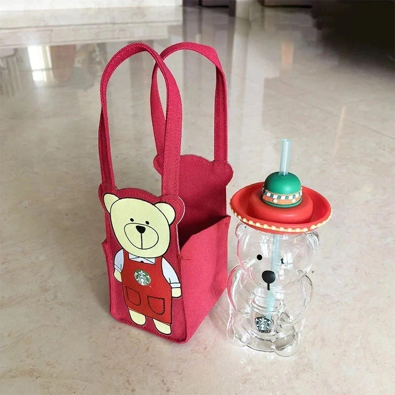 New Starbucks Latin American Glass Bear Bottle With Bear Tumbler RED Carry Bag