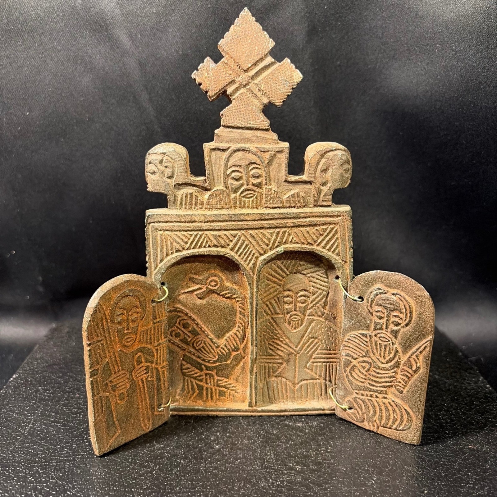 Ethiopian Coptic Triptych Icon Bronze Religious Folk Art Cross Africa