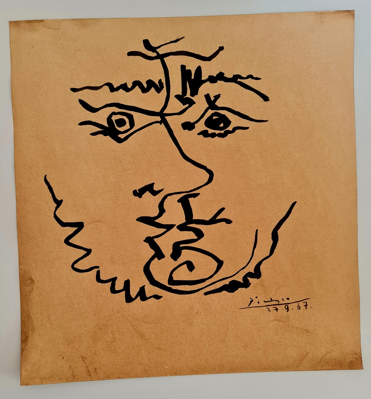PABLO PICASSO,HANDMADE INK DRAWING ON OLD CARDBOARD, SIGNED, STAMPED PABLO PICASSO,HANDMADE INK DRAWING ON OLD CARDBOARD, SIGNED, STAMPED