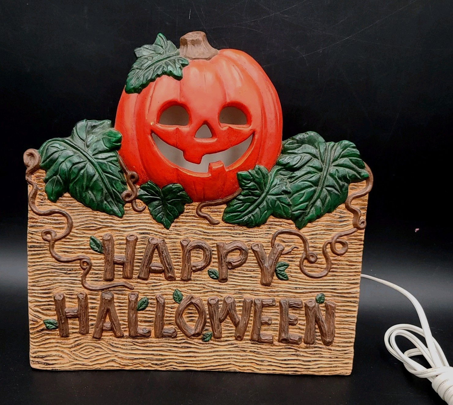 Vintage Happy Halloween Sign Jack O Lantern Lamp Free Standing Porcelain 10\
