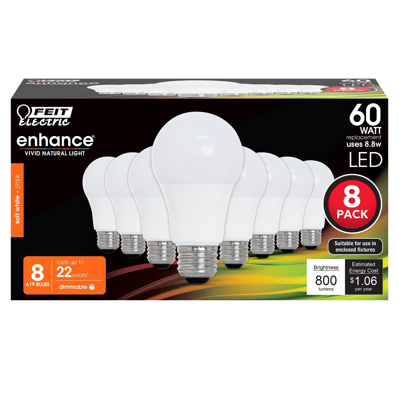 Feit Electric A19 LED Light Bulbs, 60W A19-60W (8 Pack), 2700k Soft White Feit Electric A19 LED Light Bulbs, 60W A19-60W (8 Pack), 2700k Soft White