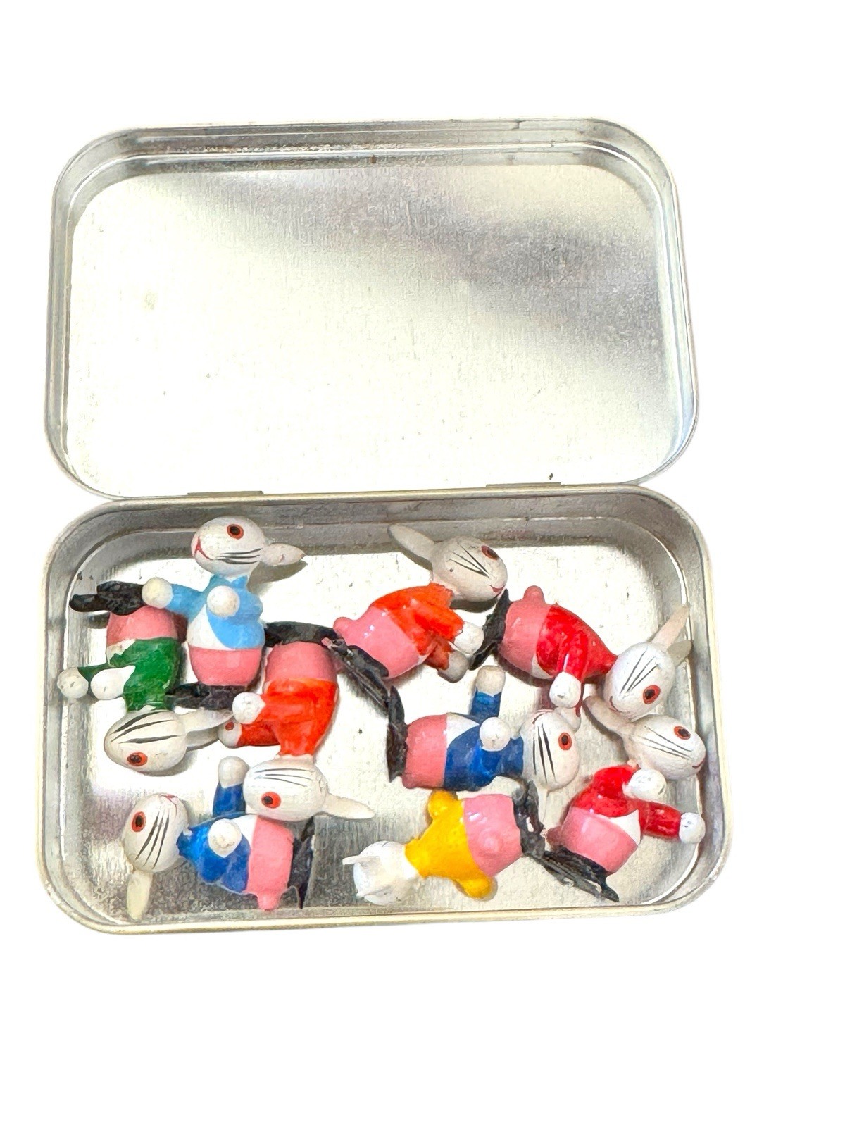 Vtg 1970 handpainted wooden Easter bunnies Worry Animals set of 9 Altoid Tin