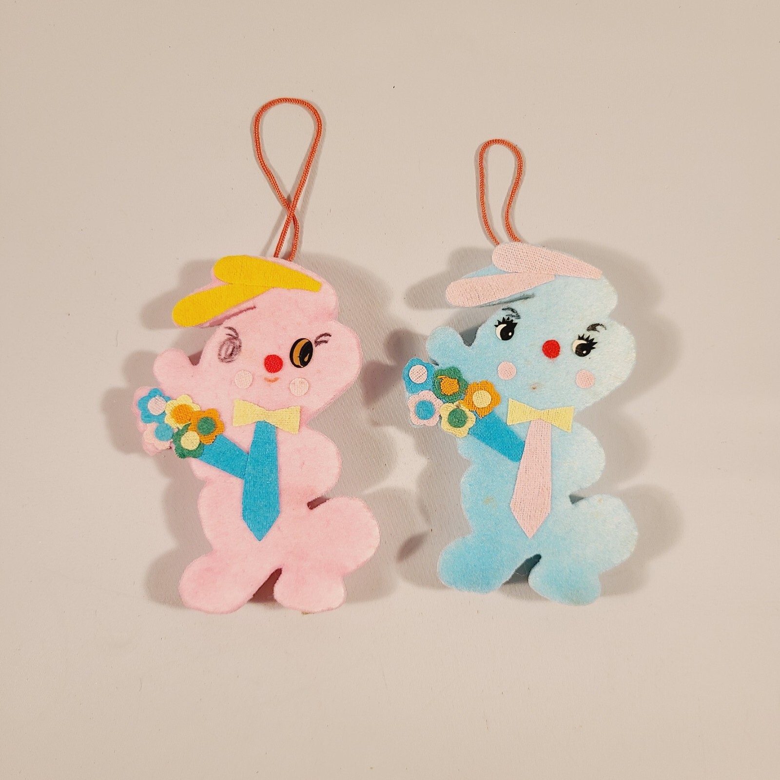 Vtg Easter Bunny Rabbits Blue Pink Foam Ornaments Flocked RARE