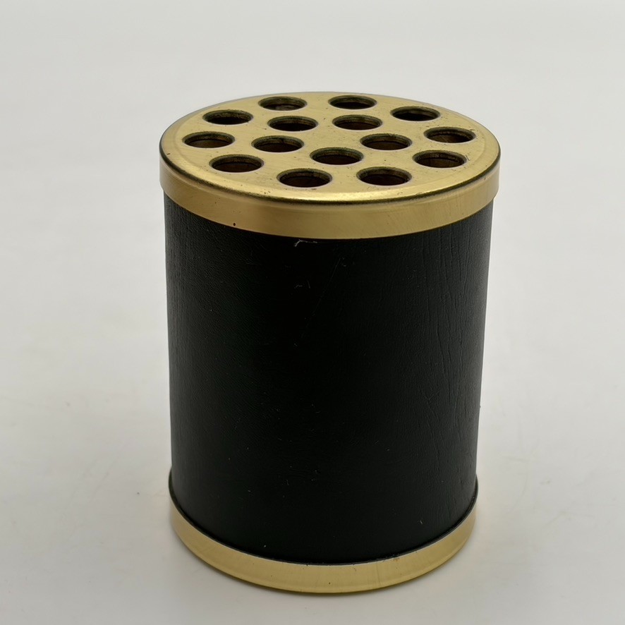 VTG MCM Office Brass Faux Wood Pencil Holder Stand Desk Organizer Pencil Holder