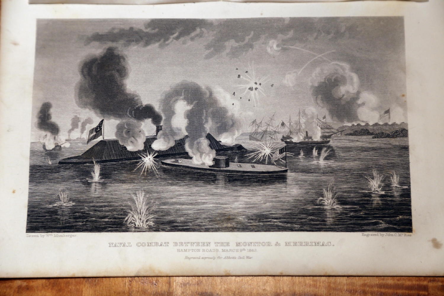 1866 GREAT REBELLION CIVIL WAR ENGRAVING OF THE BATTLE OF MONITOR VS. MERRIMAC