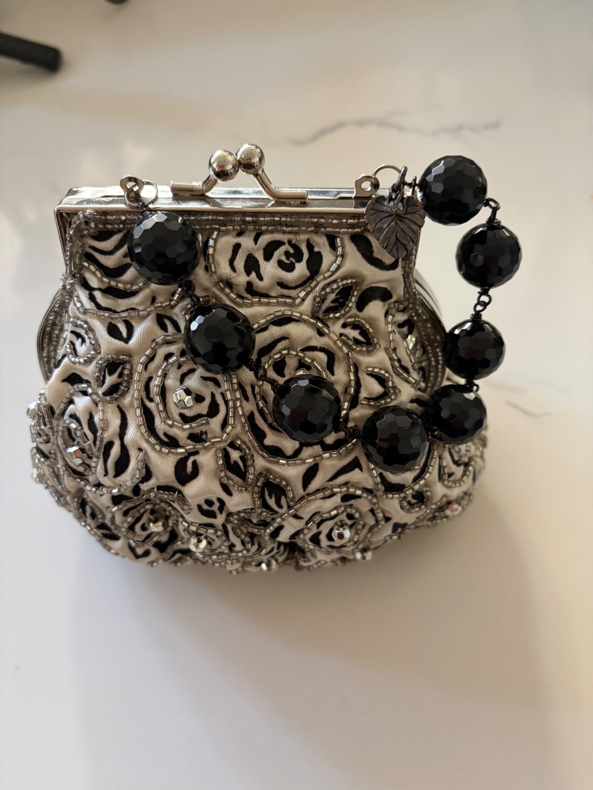 Vintage Beaded Evening Clutch Bag with Black Floral Embroidery and Satin Lining Vintage Beaded Evening Clutch Bag with Black Floral Embroidery and Satin Lining