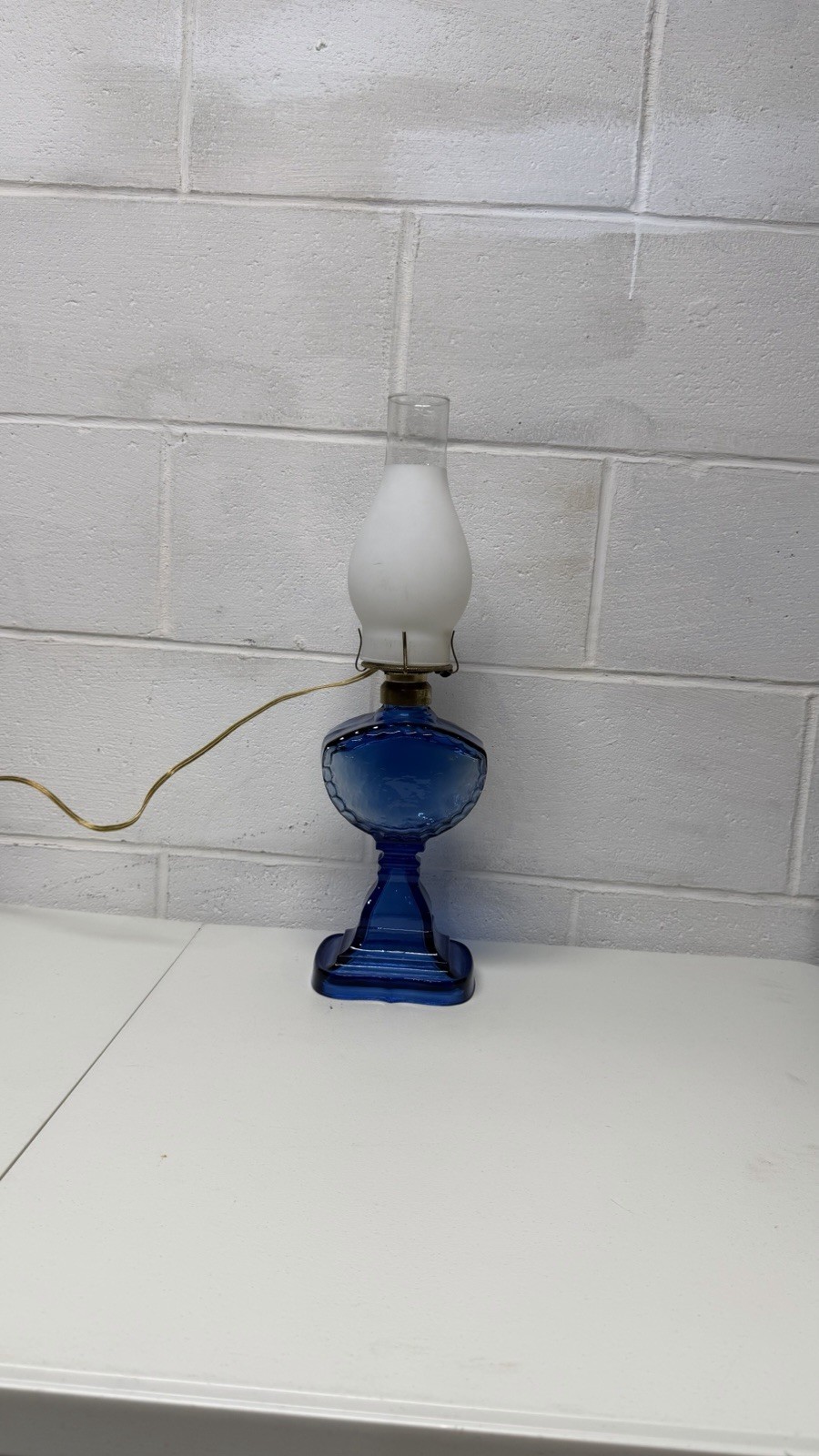 Vintage Cobalt Blue Pressed Glass Stand Lamp Bronze Accents White Shade 19” Work Vintage Cobalt Blue Pressed Glass Stand Lamp Bronze Accents White Shade 19” Work