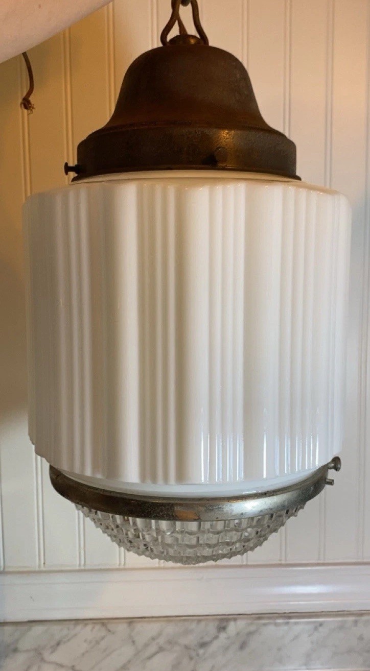 Vintage Antique 1920s-30s Art Deco Milk Glass & Crystal Skyscraper Pendant Light