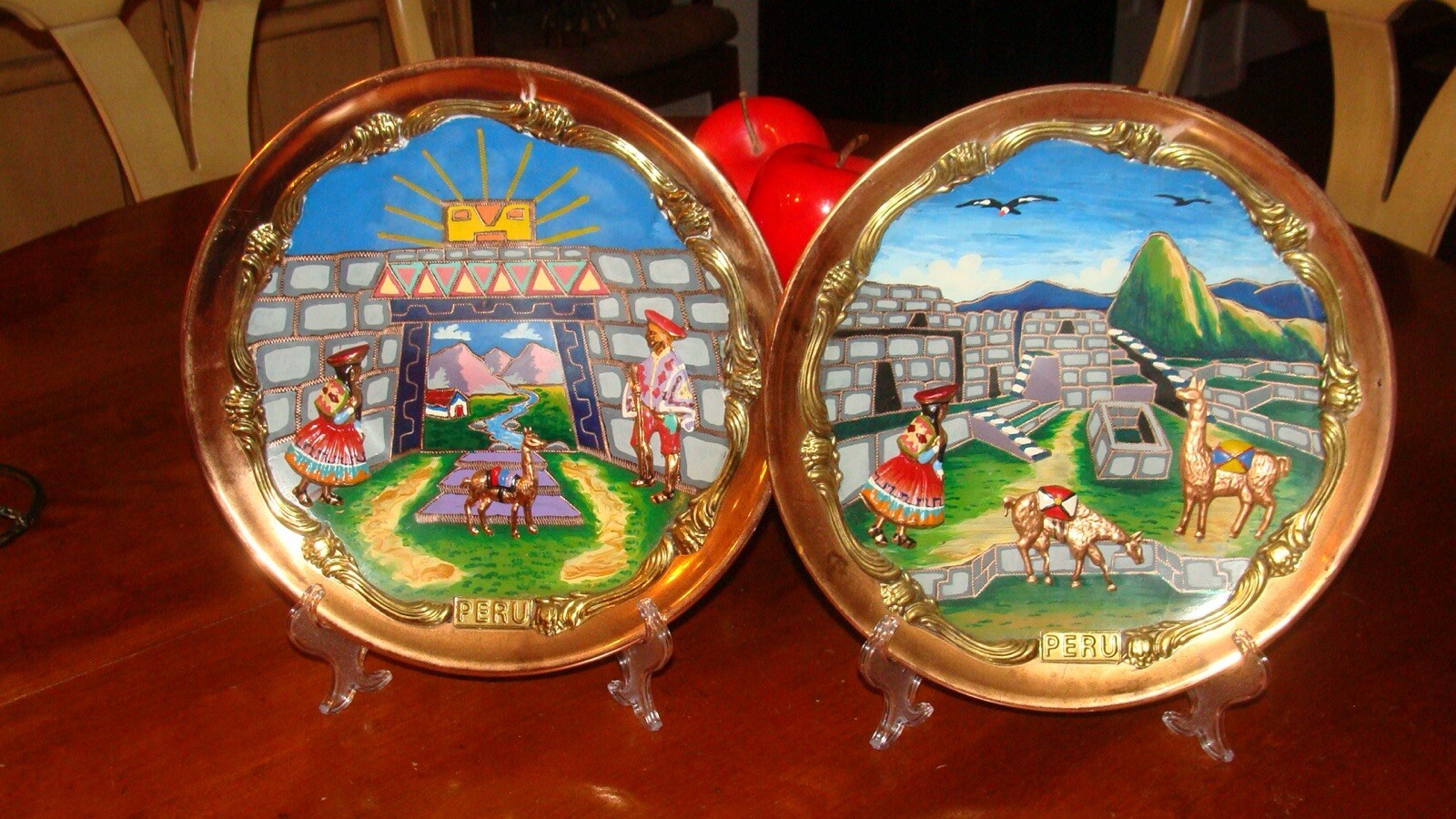 TWO COPPER PERU DECORATION PLATES~ 11”d ~ Very Excellent Condition ~
