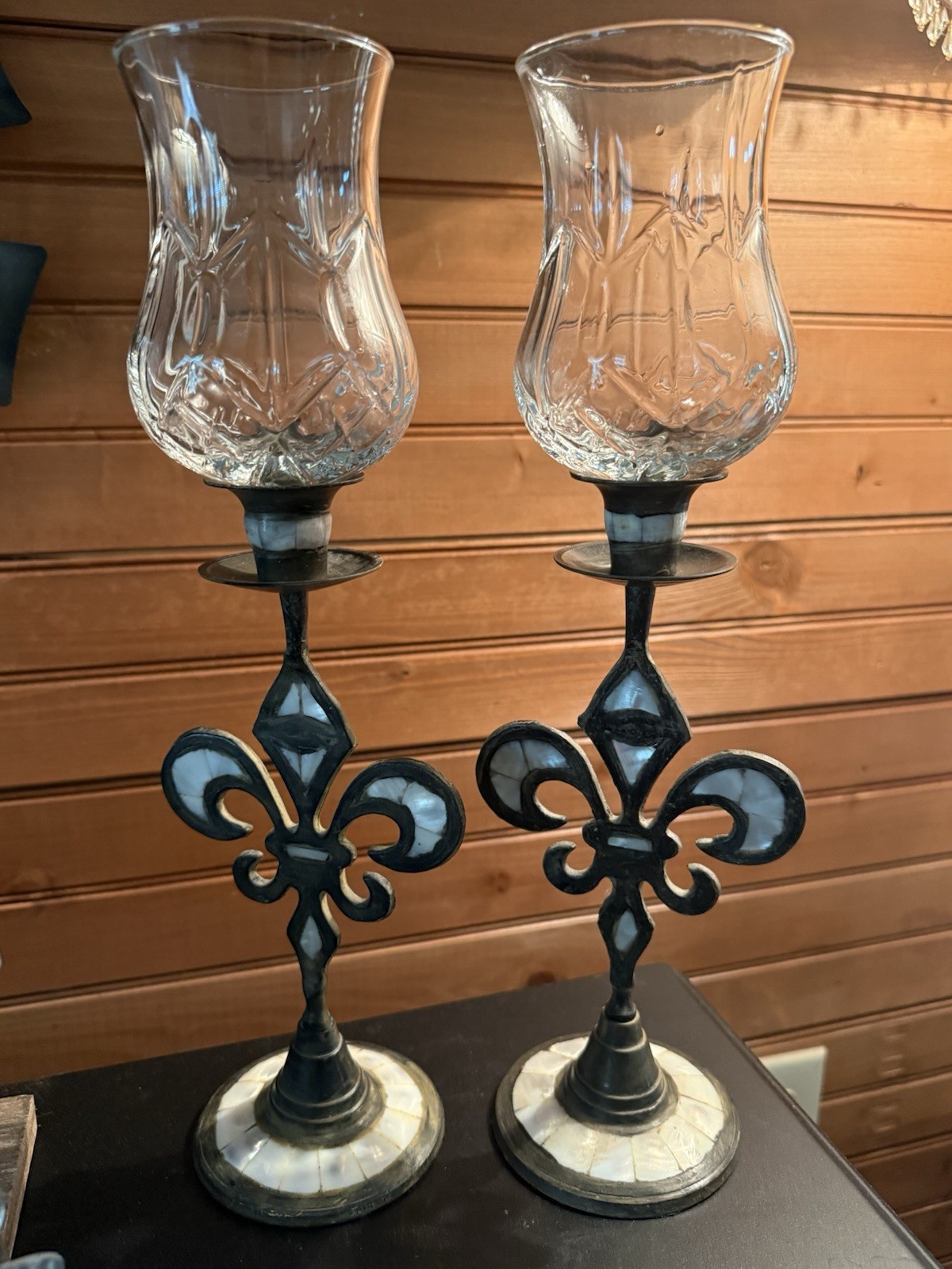 Vintage Solid Brass Candle/Chamber Stick Holders with Mother of Pearl Inlay Pair Vintage Solid Brass Candle/Chamber Stick Holders with Mother of Pearl Inlay Pair